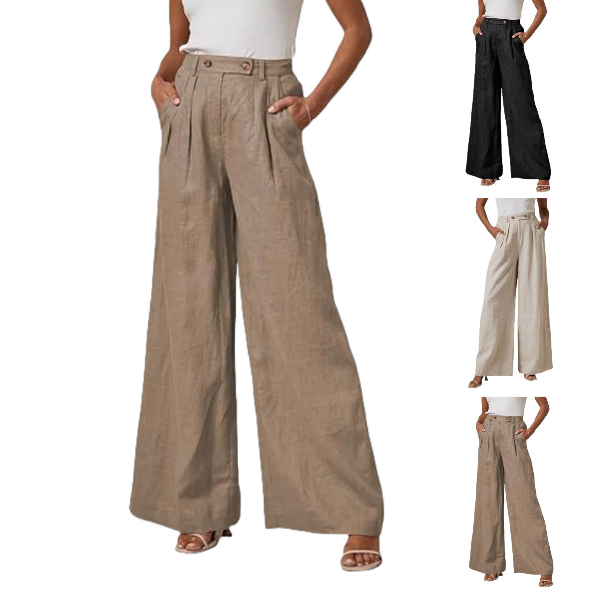 Leg Cotton And Linen Trousers Leisure Elastic High Waist Wide Leg Pants