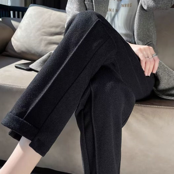 Autumn And Winter High Waist Loose And Slimming Stitching Thickening Cropped Woolen Cigarette Pants