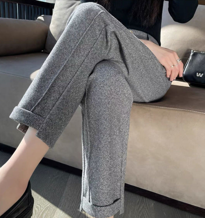 Autumn And Winter High Waist Loose And Slimming Stitching Thickening Cropped Woolen Cigarette Pants