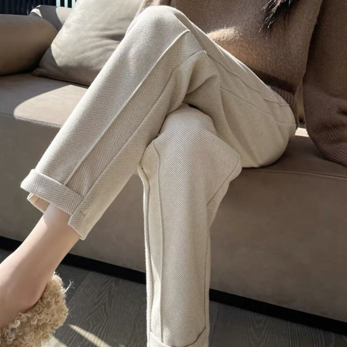 Autumn And Winter High Waist Loose And Slimming Stitching Thickening Cropped Woolen Cigarette Pants