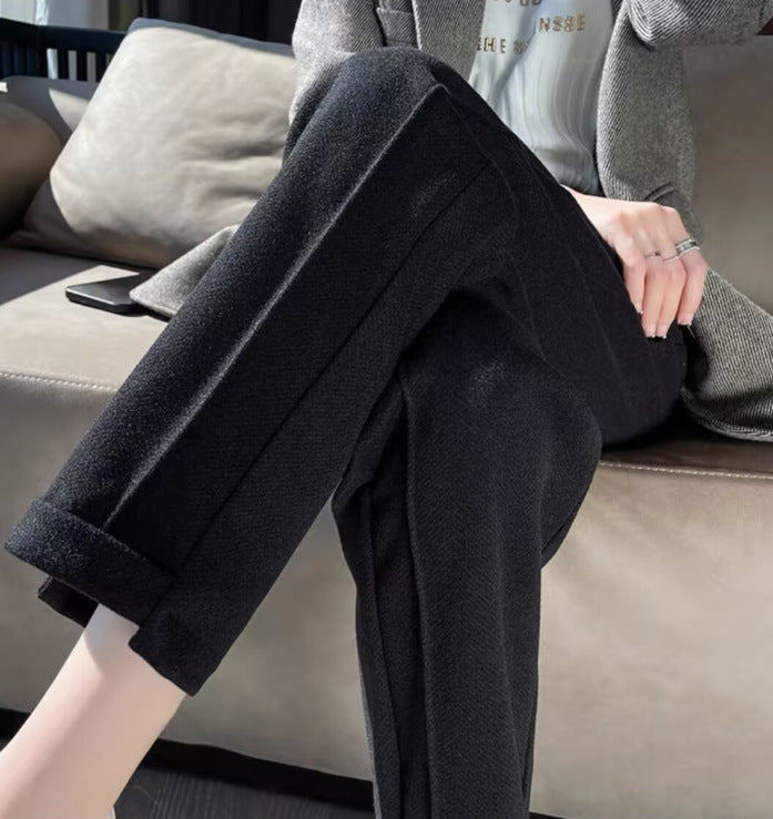 Autumn And Winter High Waist Loose And Slimming Stitching Thickening Cropped Woolen Cigarette Pants