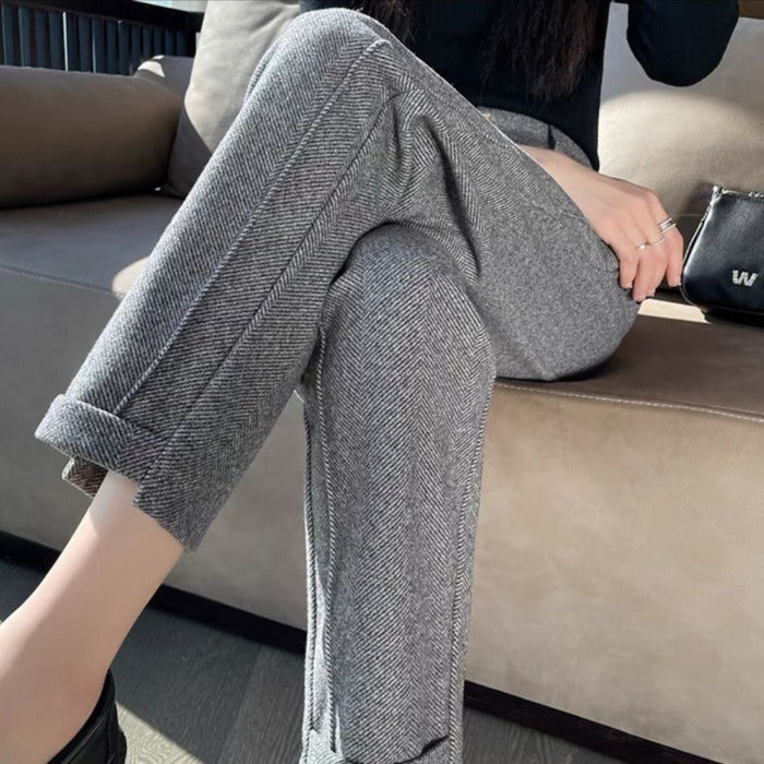 Autumn And Winter High Waist Loose And Slimming Stitching Thickening Cropped Woolen Cigarette Pants