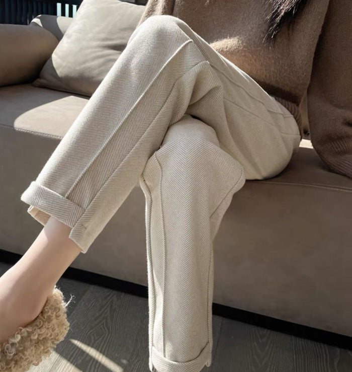 Autumn And Winter High Waist Loose And Slimming Stitching Thickening Cropped Woolen Cigarette Pants