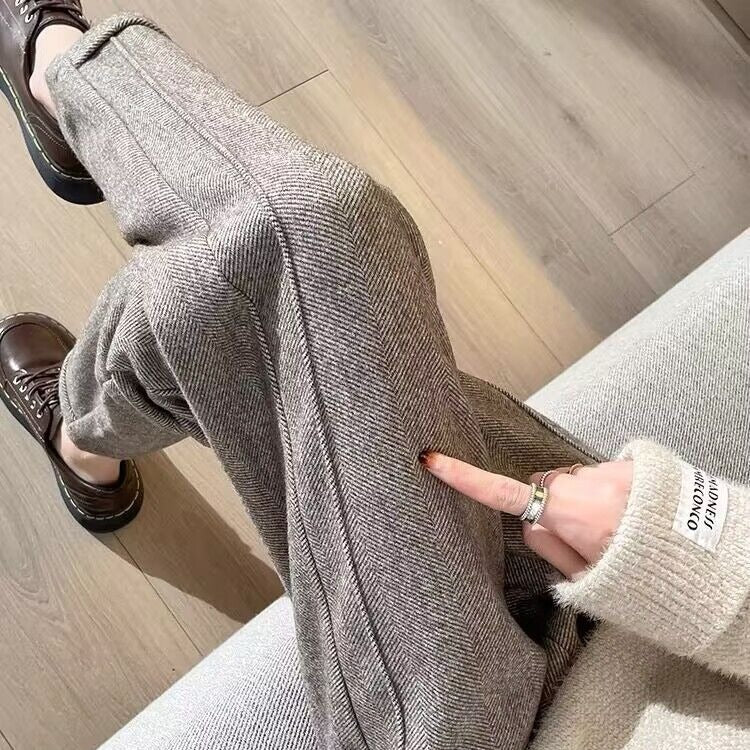 Autumn And Winter High Waist Loose And Slimming Stitching Thickening Cropped Woolen Cigarette Pants